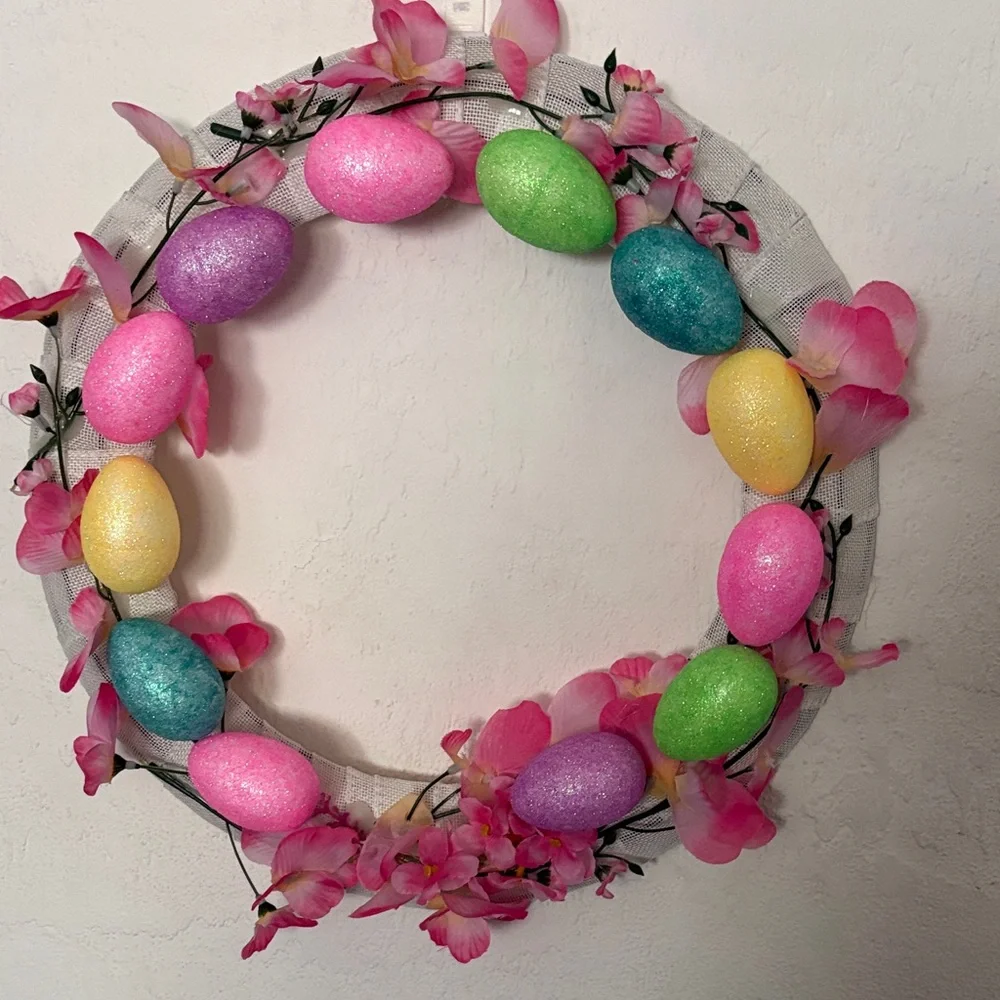 Handmade Spring Easter Egg Wreath with Pink Blossoms